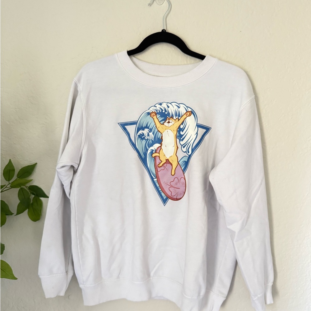 White Gildan Surfing Cat Graphic Sweatshirt – Size L